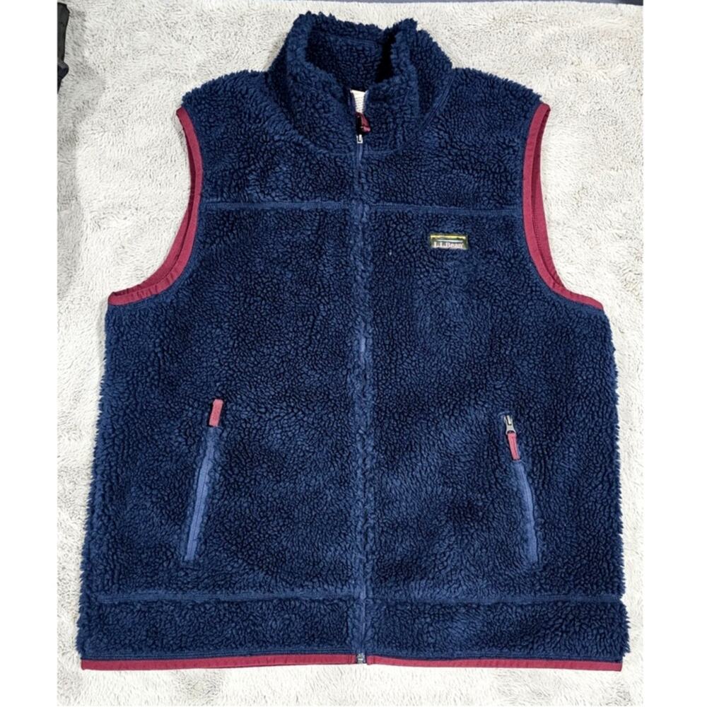 L.L. Bean Mens XL Mountain Pile Sherpa Fleece Vest Blue Red Full Zip Pockets